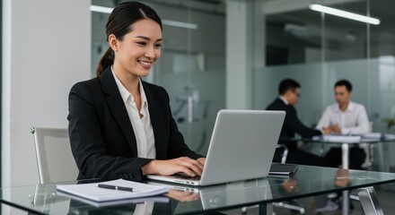 Smiling businesswoman actively working on her laptop in a modern office environment collaborating with colleagues