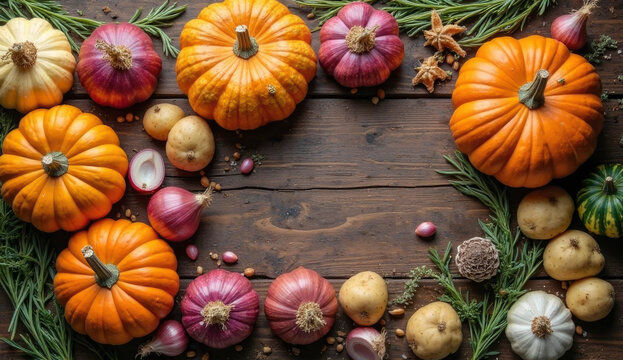 Vibrant pumpkins and assorted vegetables are artistically arranged on a rustic wooden surface, showcasing the bounty of the autumn harvest season and creating a warm festive atmosphere - Powered by Adobe
