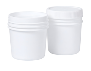 Simple white plastic containers, one open and one sealed, present clean and practical storage options.