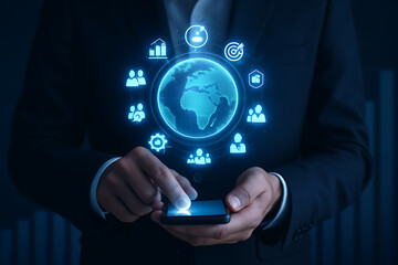 Professional holding mobile device interacting with a futuristic global business ecosystem and diverse interconnected technology icons