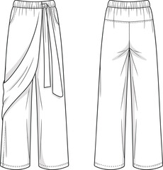 CAD drawing, flat vector illustration, wrap pants design, front and back view, trendy fashion, clothing template, garment sketch, detailed silhouette
