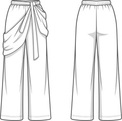 Flat front and back view CAD fashion sketch of women's pants with draped wrap design, vector illustration, garment technical drawing