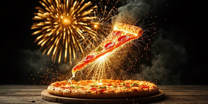 Fireworks Pizza Shape Over Italy Flag, PNG Graphic - Powered by Adobe