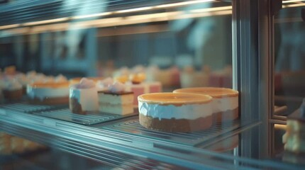 Delicious Cakes Display: An assortment of delectable cakes, cheesecakes, and pastries showcased beautifully in a refrigerated display case, inviting customers to indulge in sweet treats.