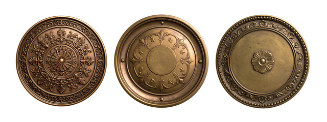 Round copper ornament with floral pattern on transparent background