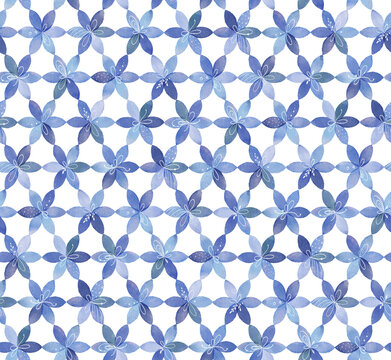 Fototapeta Blue seamless pattern with watercolor abstract flowers, geometric isolated illustration of beautiful colorful design elements for your textile, whimsy background or creative template.