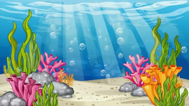 Cartoon underwater scene with coral, seaweed, rocks, bubbles, and sun rays