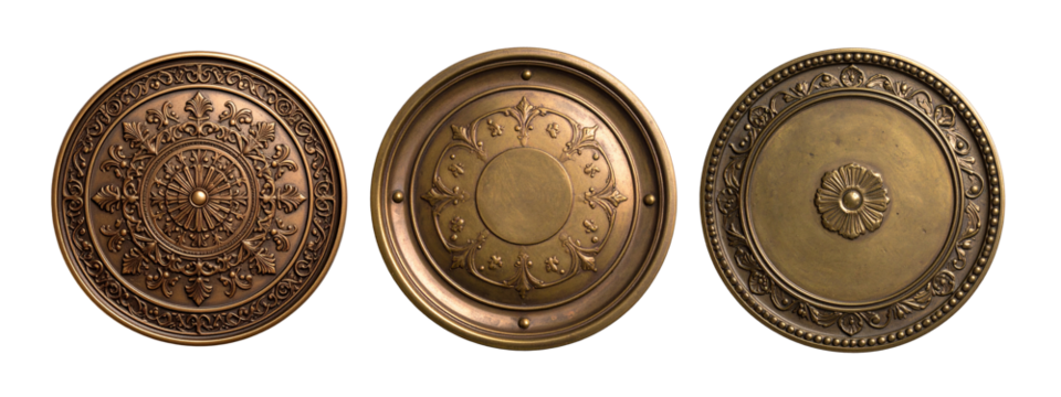 Round copper ornament with floral pattern on transparent background - Powered by Adobe