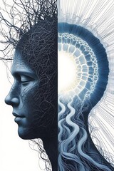 A captivating photo realistic illustration depicts a human head in profile, highlighting a stark contrast from chaotic threads to a radiant, organized pattern,