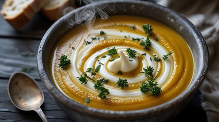 A hyper realistic, macro photo depicts rustic creamy pumpkin soup with visible steam, on a dark wooden table beside crusty bread, conveying a cozy autumn atmosphere.