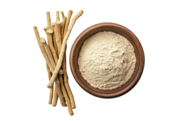 Organic Ashwagandha Powder and Roots Top View Transparent Background