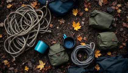 Camping Gear with Rope, Bags and Mugs on the Forest Floor