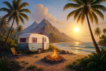 Retro-style travel caravan on a sea beach with palms at sunset. AI-Generated
