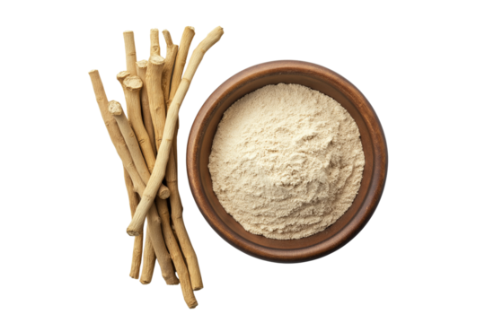 Organic Ashwagandha Powder and Roots Top View Transparent Background