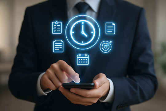 Time management productivity business professional organizing tasks and goals with mobile phone for efficiency and success