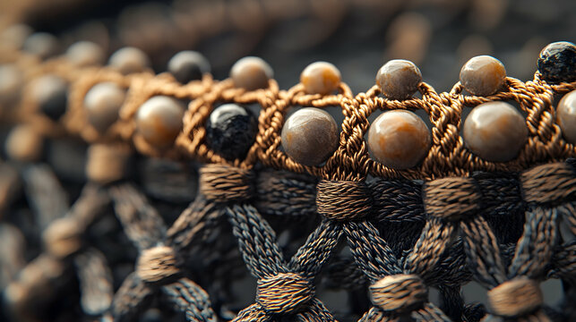 Close-up of intricate handcrafted jewelry featuring beige and dark gray beads woven with metallic threads. The warm tones and detailed craftsmanship create a luxurious feel.