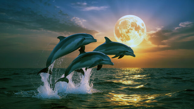 Majestic Dolphins Leaping Under the Moonlight A Breathtaking Ocean Scene