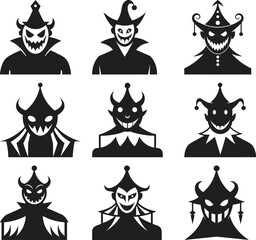 Nine Evil Jester Silhouette Icons for Halloween or Horror Design