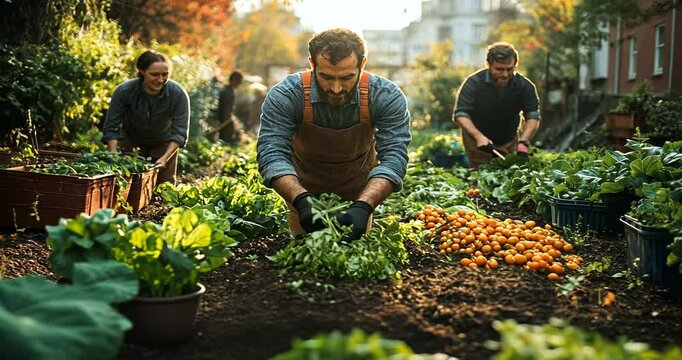 Urban gardeners cultivating vegetables in community plot