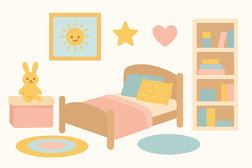 A delightfully illustrated child's bedroom is furnished with a cozy bed, a bookshelf, and cheerful decorations like a smiling sun and a toy rabbit.