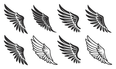 Collection of eight stylized wing silhouettes isolated on white background