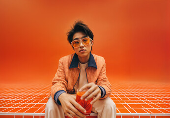 Stylish Asian woman in orange attire and tinted sunglasses sits confidently in a vibrant, monochromatic orange room, holding a matching orange beverage. Urban lifestyle conceptual retro background.