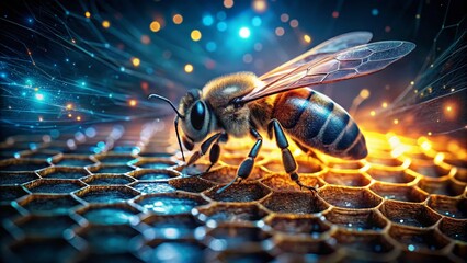 Sparkling Bee on Honeycomb: Nature's Digital Elegance - Stock Photo