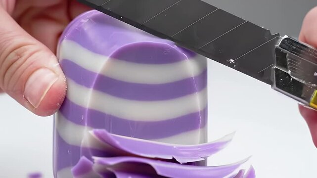 Purple and White Striped Soap Cutting with a Box Cutter Knife Creating Soap Shavings on a White Background