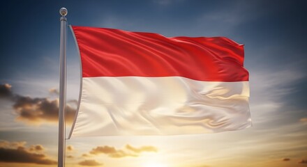 Indonesian Flag Flapping in Sunset Sky with Clouds