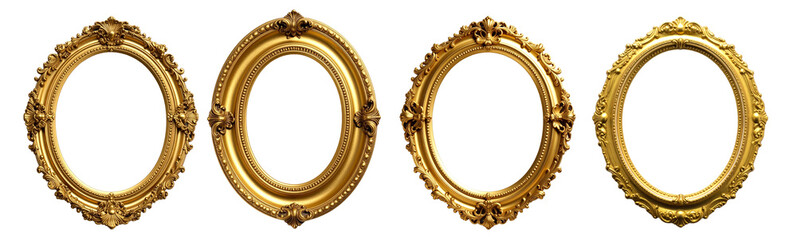 Oval golden vintage frame with ornaments is isolated on transparent background