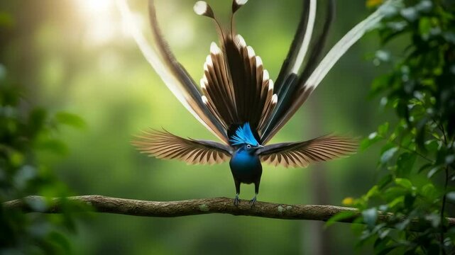 Bird of paradise with fanned tail on display