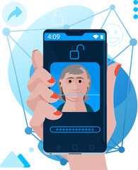 Facial recognition - Face unlock on smartphone with an elderly woman
