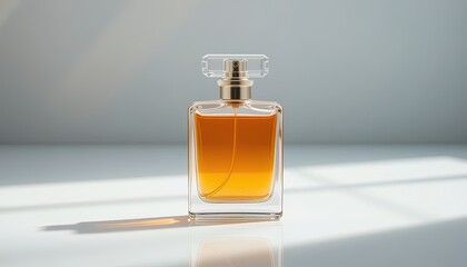 Amber-colored perfume bottle on a white surface.