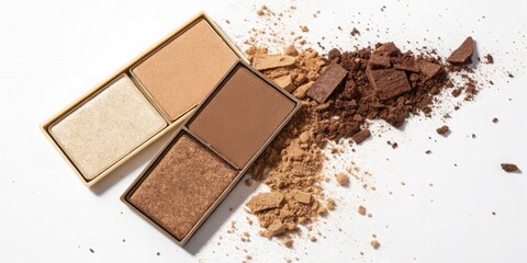 Fototapeta premium Close up of shimmering makeup palette with scattered powder on white background