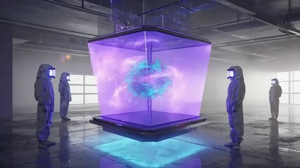 Scientists in hazmat suits observe a futuristic, glowing orb in a containment unit - Powered by Adobe