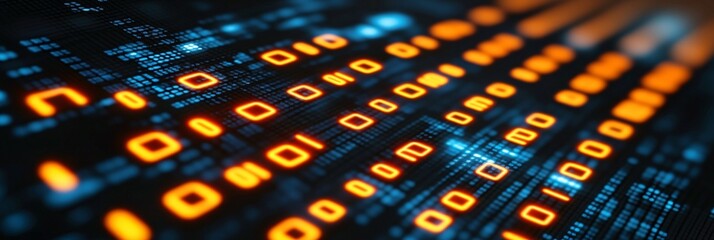 digital data stream with glowing binary code and led icons for technology and cyber security concepts