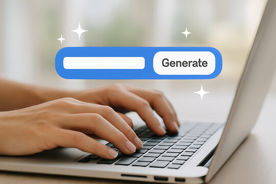 Hands typing on laptop keyboard with an interactive generate button overlay, symbolizing artificial intelligence content creation and efficient data processing