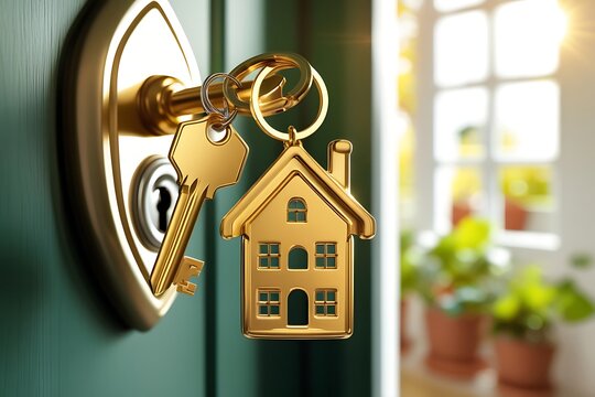 Gold Key and House Keychain in Door Lock with Interior Background
