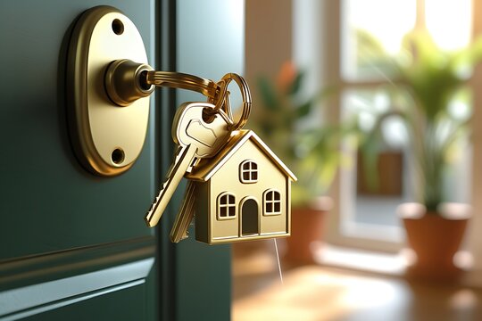 Gold Keys and House Keychain Hanging on a Green Door
