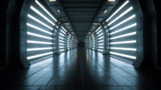 Futuristic metal corridor with bright linear lights abstract sci fi background
