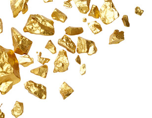 Numerous raw gold nuggets shimmer with brilliant metallic reflections, symbolizing wealth and prosperity.