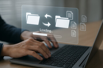 Hands typing on a laptop keyboard with a holographic display showing file transfer and loading progress, symbolizing digital data migration and cloud computing