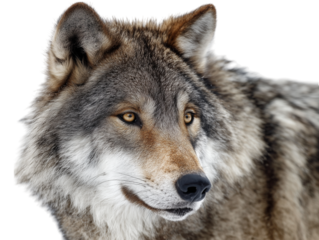 A close-up shot captures the keen gaze and noble features of a lone wolf against a simple backdrop