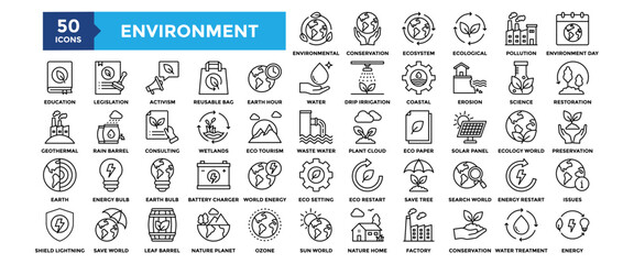 50 Environment icon set. Containing design, Environmental, Conservation, Ecosystem, Ecological, Pollution, Environment Day