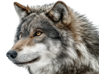 A striking close-up portrait of a gray wolf, its intense gaze piercing through the frame