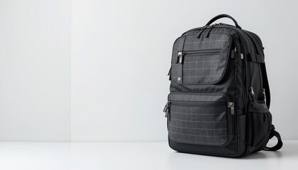 Black backpack with pattern and multiple pockets.