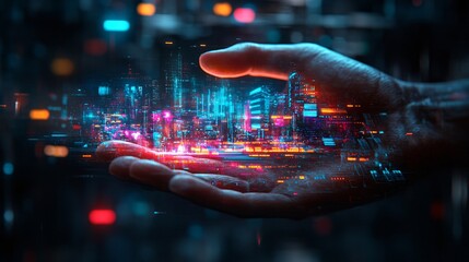 futuristic digital cityscape in human hands with neon lights and data visualization