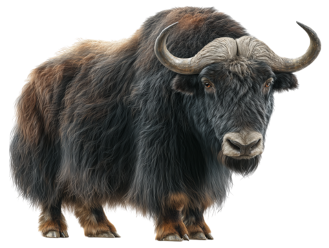 A powerful yak stands proudly, its robust frame and impressive horns a testament to its strength. 