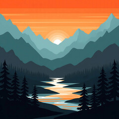 Serene sunset landscape illustration teal mountains river forest silhouette minimalist design peaceful nature scene warm color palette artistic vector graphic