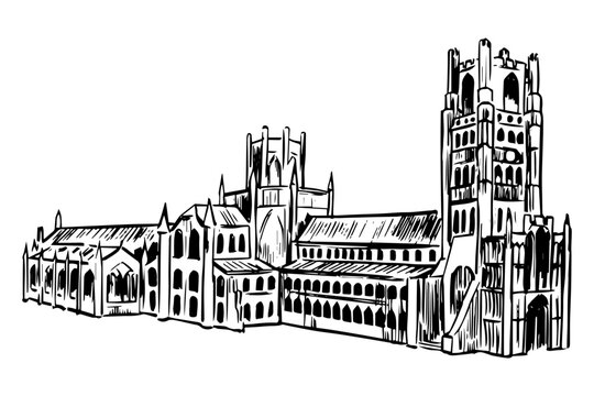 Detailed ink drawing of Ely Cathedral, iconic Gothic landmark in Cambridgeshire, UK. Ideal for history books, travel art, or architecture prints.
